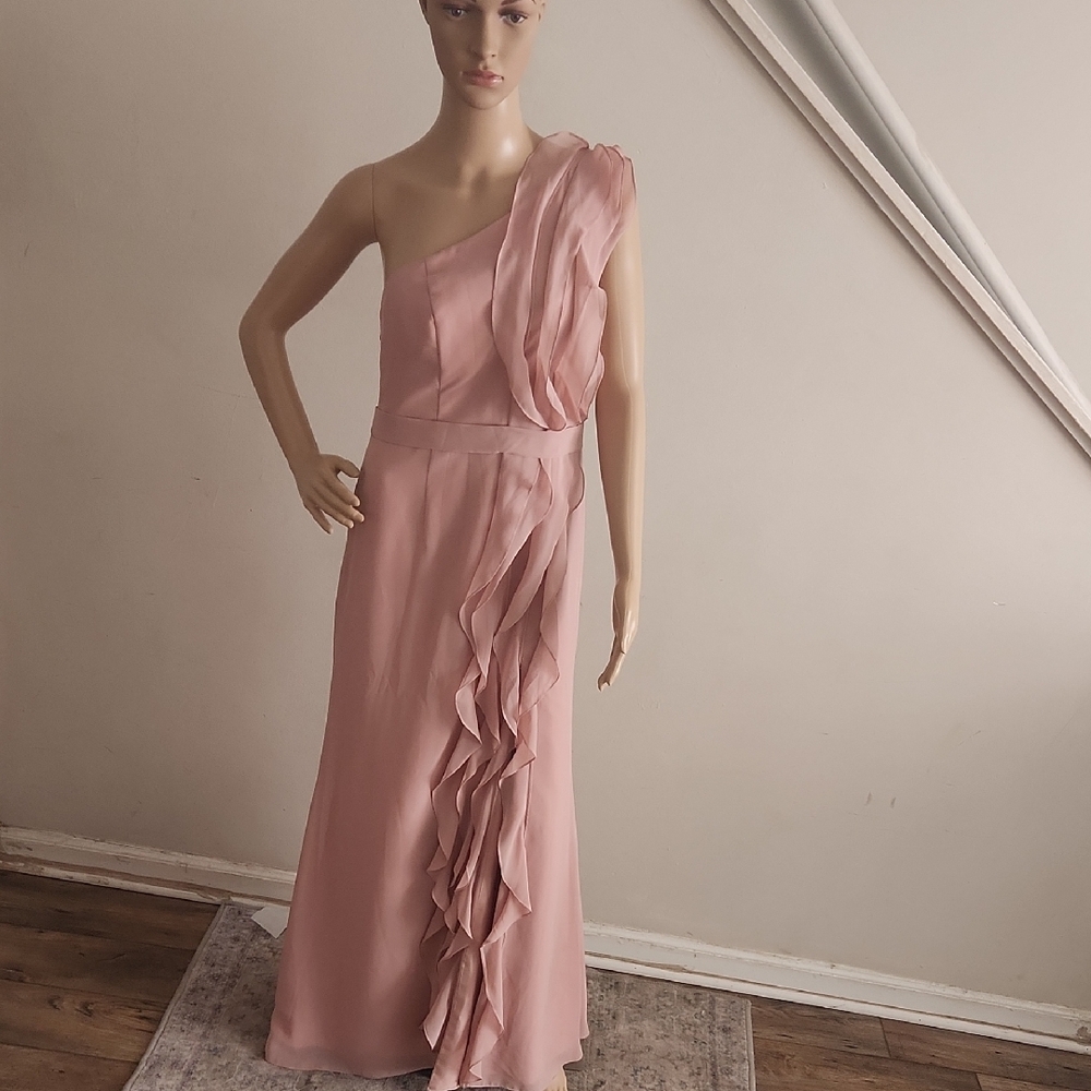 JJs House Pink One Shoulder Ruffled Gown